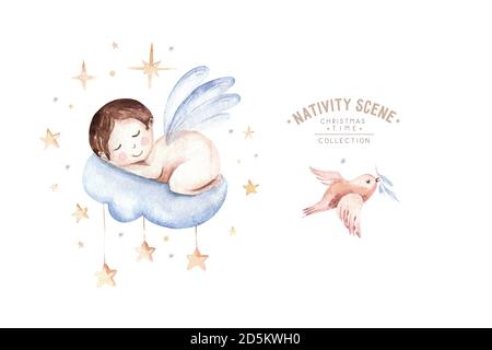 Acquerello natale presepio scena. Storia del cristianesimo con gesù neonato, maria, angelo e agnello. Santo jolly natale card Foto Stock