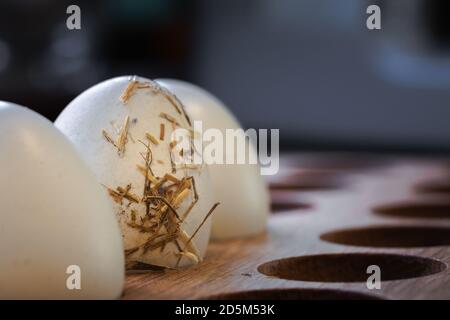 Tre uova fresche di galline ricoperte di paglia in un supporto in legno in cucina. Gli ingredienti di fondo scuro del cibo producono un'alimentazione sana. Foto Stock