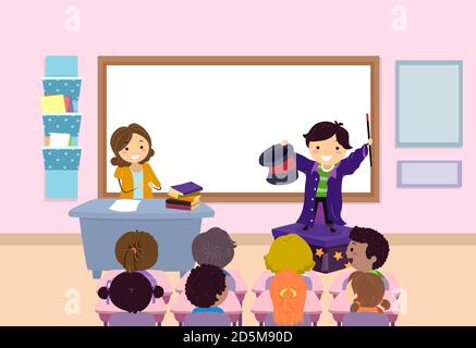 Illustrazione di Stickman Kid Boy che esegue Magic Trick in Front Di bambini e insegnanti in classe Foto Stock