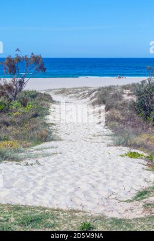 Bilinga, Gold Coast, Queensland, Australia. Pista di sabbia per la spiaggia di Bilinga. Foto Stock