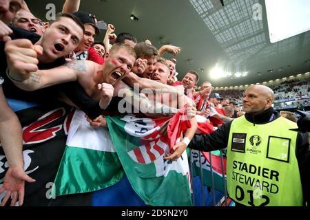 L'ungherese Balazs Dzsudzsak festeggia con i fan dopo la finale fischio Foto Stock