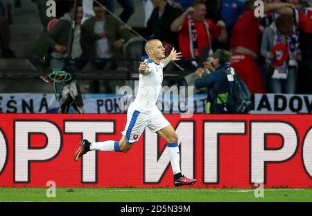 Vladimir Weiss in Slovacchia celebra il primo obiettivo della sua parte il gioco Foto Stock