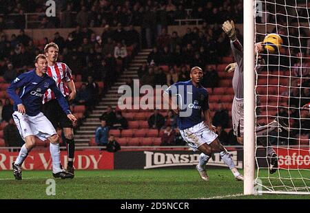 Il portiere della Sunderland Kelvin Davis (R) è picchiato da Tim di Everton Cahill (nascosto) Foto Stock