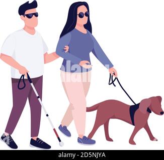 Uomo cieco e donna con guida cane piatto vettore colore carattere senza volto Illustrazione Vettoriale