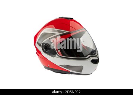 Casco per motociclette isolato su sfondo bianco. Foto Stock