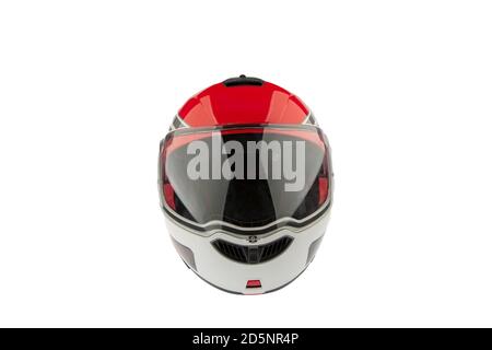 Casco per motociclette isolato su sfondo bianco. Foto Stock