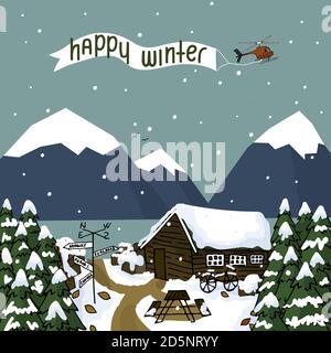 paesaggio invernale, casa in legno vicino al mare in montagna, in cortile si trova una panchina con un tavolo, intorno ad una foresta di alberi, tutto nella neve Illustrazione Vettoriale