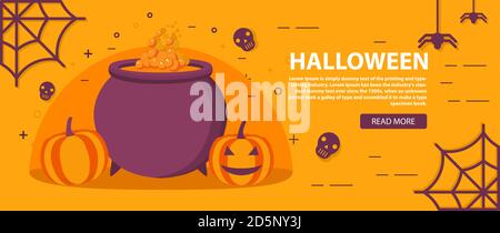 Felice Halloween . Vettore piano banner orizzontale. Concetto di banner del sito Web. Illustrazione Vettoriale