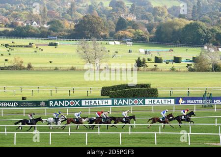 Una visione generale del branding e della segnaletica di Randox Health all'indirizzo ippodromo di Cheltenham Foto Stock