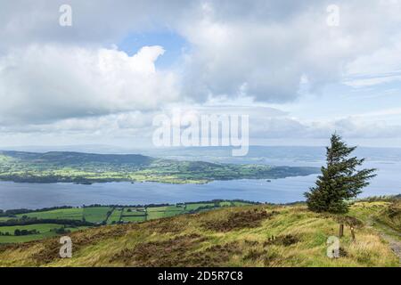 Vista su Lough Derg da Tountinna, Tonn Toinne, nelle montagne Arra sulla Lough Derg Way, County Tipperary, Irlanda Foto Stock