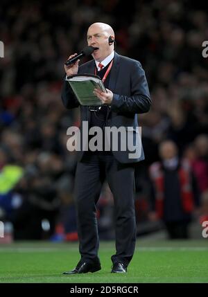 Alan Keegan, annunciatore dello stadio del Manchester United Foto Stock