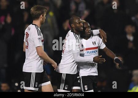 Neeskens Kabano di Fulham celebra il terzo obiettivo del suo fianco Il gioco durante la partita Sky Bet Championship tra Fulham E Nottingham Forest a Craven Cottage Foto Stock