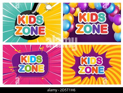 Banner zona bambini per giochi, feste, poster, area giochi, intrattenimento, sala di formazione.Vector Illustrazione EPS10 Illustrazione Vettoriale