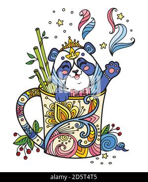 Panda carino kawaii colorato in una tazza Illustrazione Vettoriale