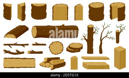 Legname di legno. Tronco di albero, tavole di legno e ramoscelli per tronchi, industria del legname tagliato legna da ardere materiale isolato vettore illustrazione set di icone Illustrazione Vettoriale
