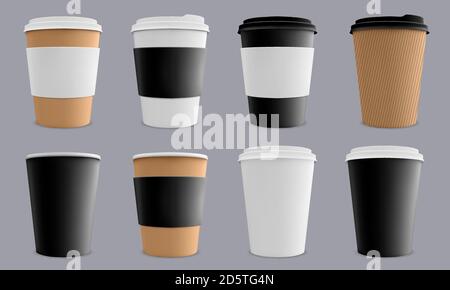 Tazza di caffè realistica. Tazze da caffè di cartone di carta, caffè o ristorante caffè di carta 3d tazze monouso mockup isolato vettore illustrazione set Illustrazione Vettoriale