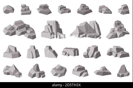 Rocce e pietre. Granite montagna ciottoli, grigio pietra mucchio, pietra ghiaia roccia isolato vettore illustrazione icone set Illustrazione Vettoriale