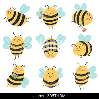 Api carine. Simpatici personaggi di ape gialla, orli di miele volanti disegnati a mano, insieme di icone vettoriali di illustrazione isolate Illustrazione Vettoriale