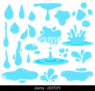 Spruzzi d'acqua. Gocce d'acqua, gocce d'acqua, gocce d'acqua, elementi d'acqua chiari, icone vettoriali isolate, set di illustrazioni Illustrazione Vettoriale