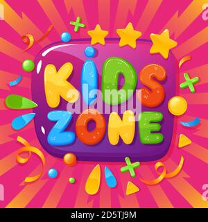 Banner zona bambini. Poster sala giochi per bambini, festa infantile, divertente decorazione giochi, divertimento club bambini giocando zona poster vettore immagine di sfondo Illustrazione Vettoriale