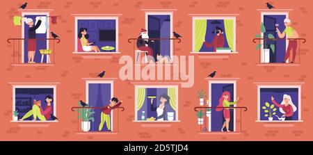 Finestre dei vicini. Persone a casa appartamento finestre comunicanti, personaggi vicini guardando fuori finestre frame vettoriali illustrazione set Illustrazione Vettoriale