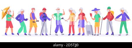 Anziani. Folla di anziani anziani attivi, nonna sana, ricreazione nonno, vecchi uomini e donne illustrazione insieme vettoriale Illustrazione Vettoriale