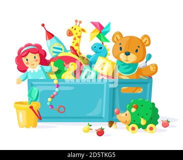 Giocattoli per bambini in scatola. Giocattoli per bambini in contenitore di plastica, scatola piena di giocattoli, ragazzi, bambine inventario per i giochi per bambini e gioia vettore illustrazione Illustrazione Vettoriale
