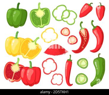 Peperoni animati. Peperoni rossi, gialli e caldi, peperoni, succulenti verdure di fattoria, fette di pepe, peperoni tagliati, set di illustrazioni vettoriali Illustrazione Vettoriale