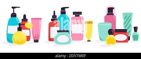 Bottiglie cosmetiche. Contenitori e tubi in plastica, cosmetici organici, vasetto crema, contagocce e dispenser, prodotti per la cura del viso, set di illustrazioni vettoriali Illustrazione Vettoriale