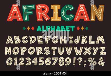 Lettere africane. Font tribale antico disegnato a mano, azteco decorativo, africano e hawaiano etnico ABC alfabeto isolato vettore illustrazione insieme di icone Illustrazione Vettoriale