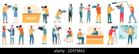 Personaggi giornalisti. Reporter, presentatore di notizie e videografi, show tv ospita personaggi intervistando persone isolato vettore illustrazione set Illustrazione Vettoriale