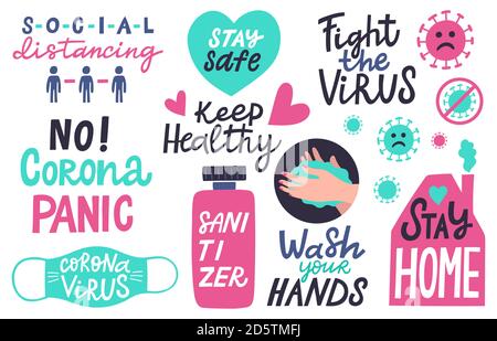 Scritta pandemica Corona. Prevenzione del coronavirus lettere epidemiche citazioni, disegnate a mano Proteggi te citazione badge vettoriale illustrazione set Illustrazione Vettoriale