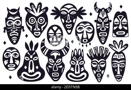 Sagome delle maschere tribali. Africa antico totem religione maschere di faccia, disegnate a mano hawaii etnico maschere di faccia, rituale maschere vettoriali illustrazione set Illustrazione Vettoriale