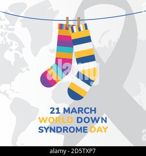 World Down Syndrome giorno calze a righe appeso design, consapevolezza disabilità e supporto tema illustrazione vettoriale Illustrazione Vettoriale