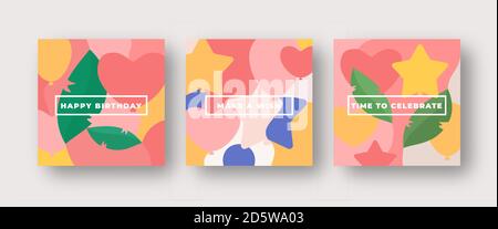 Colori vibranti motivo compleanno Abstract Vector Greeting Cards sfondo impostato. Foglie, baloon, Stelle e cuori formati impostati con la tipografia moderna Illustrazione Vettoriale