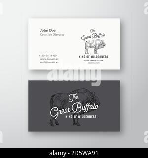 Logo e modello di biglietto da visita di Great Buffalo Abstract Modern Abstract Vector. Illustrazione dello schizzo di bisonte disegnata a mano con tipografia retrospettiva. Premium Illustrazione Vettoriale
