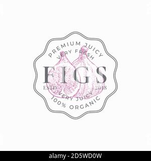 Fichi modello logo o badge con telaio rotondo per azienda agricola. Frutti disegnati a mano schizzo con tipografia retrospettiva e bordi. Emblema vintage Premium. Illustrazione Vettoriale