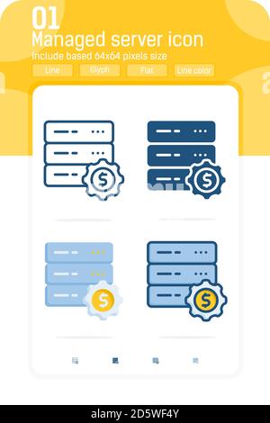 Icona di anteprima del server di hosting Web gestito con più stili isolati su sfondo bianco. Immagine vettoriale simbolo simbolo disegno icona per i siti web Illustrazione Vettoriale