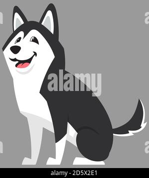 Vista laterale di Husky siberiano seduto. Carino animale domestico in stile cartone animato. Illustrazione Vettoriale