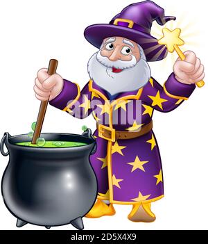 Wizard con Cauldron e Wand Cartoon Illustrazione Vettoriale