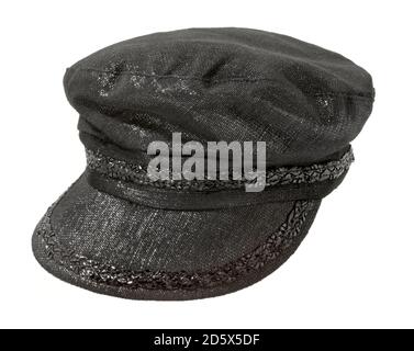 Cappello da conduttore in stile vintage di Lola in nero lucido fotografato su sfondo bianco . Foto Stock