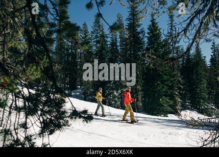 Due racchette da neve giovani donne sul monte Cappa in una giornata di sole. Foto Stock