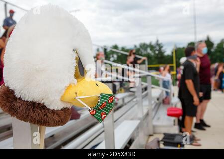 Vista laterale di una mascotte di aquila che indossa una maschera facciale a. una partita di calcio Foto Stock