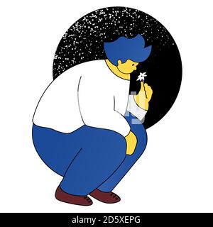 IA uomo odore fiore. Divertente illustrazione vettoriale cartoon. Ciao primavera. Isolato su bianco. Illustrazione Vettoriale