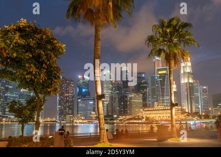 Singapore, Palme sul lungomare, Skyline al crepuscolo serale Foto Stock