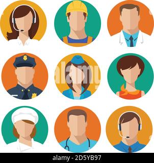 Set di nove differenti professioni maschio e femmina avatar. Illustrazione Vettoriale
