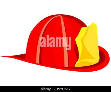 Casco da vigile del fuoco isolato su sfondo bianco. Cappello rosso vigile del fuoco in stile cartone animato. Illustrazione Vettoriale