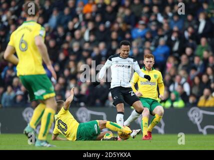 Marcus Olsson (centro) della contea di Derby è affrontato da Norwich City's. Moritz Leitner (sinistra) Foto Stock