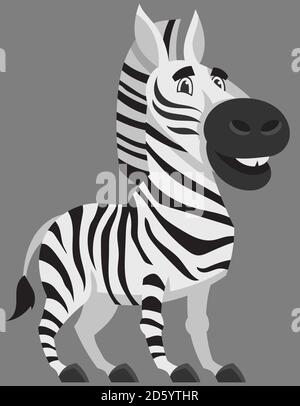 Zebra in piedi con tre quarti di vista. Animale africano in stile cartoon. Illustrazione Vettoriale