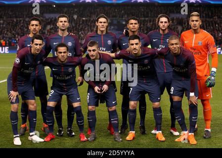 Aoas Correa Marquinhos, Santos Thiago Motta, Edinson Cavani, Emiliano Thiago Silva, Adrien Rabiot e Alphonse areola. (Davanti, da sinistra a destra) Angel di Maria, Dani Alves, Marco Verratti, Berchiche Yuri e Kylian Mbappe-Lottin. Foto Stock